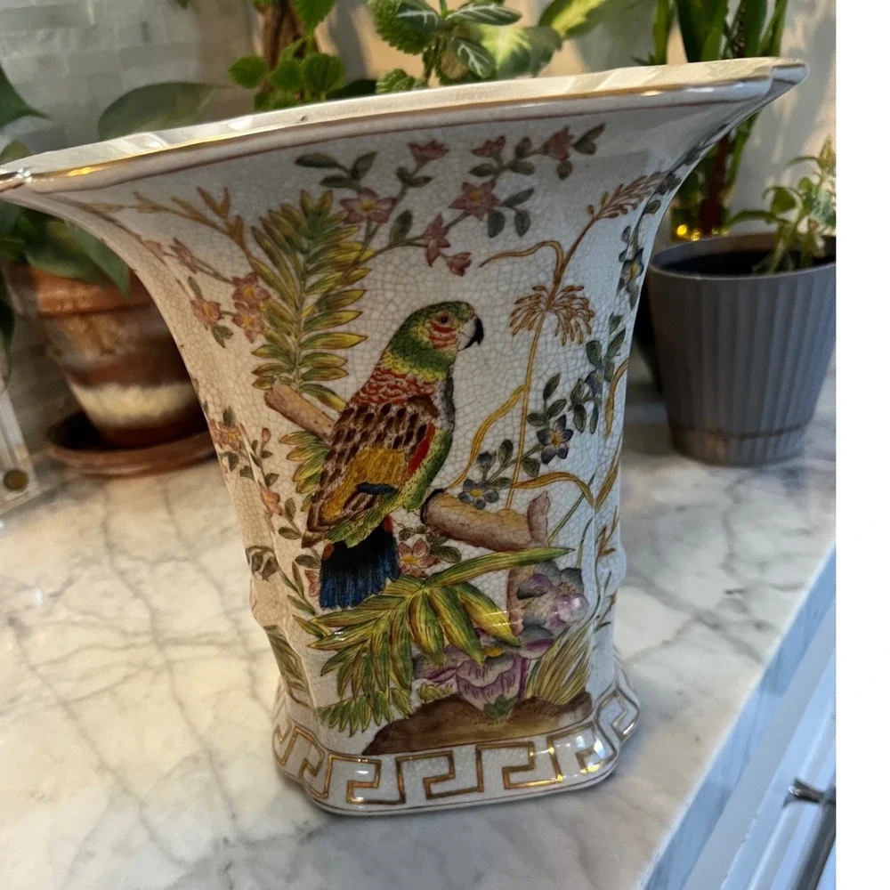 Wong Lee Crackle Glaze Parrot Vase Floral Chinoiserie Cache Pot 8.5 Rare Find